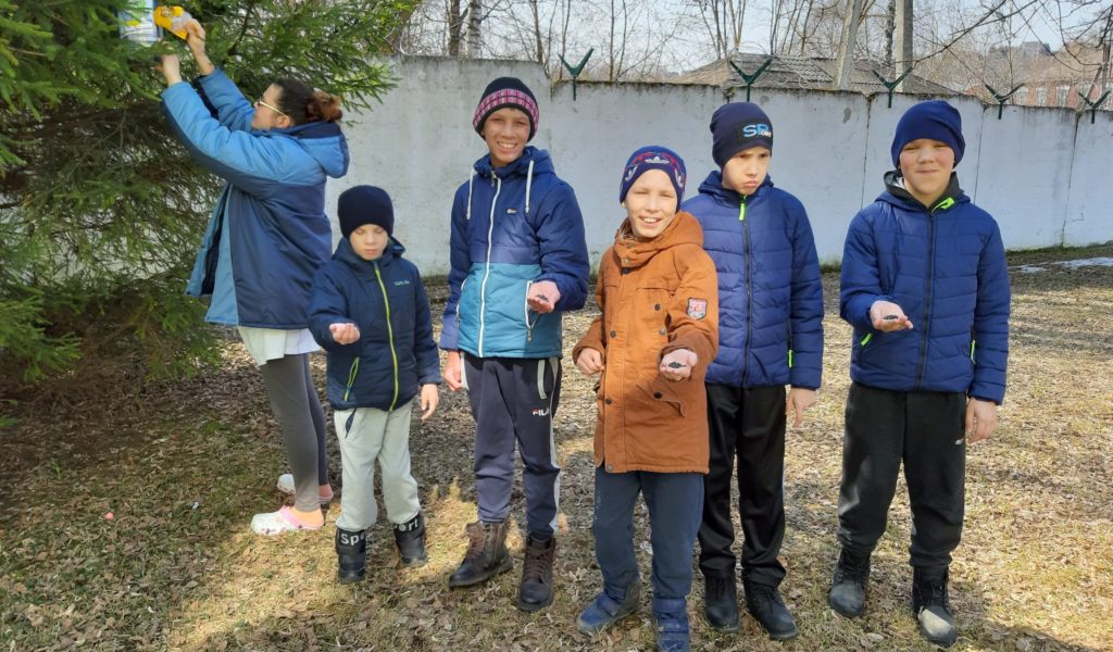 Ребята 2 группы насыпают семечки в кормушки для птиц.